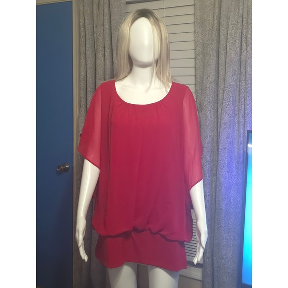 JM Collection Red Blouse‎ Sheer Overlay Banded Bottom Top Plus Size XXL - Picture 1 of 7